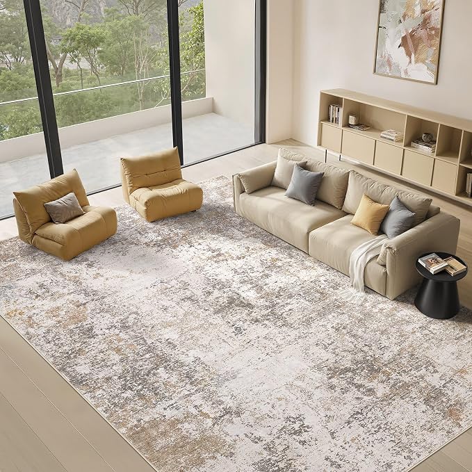Area Rugs for Living Room: 10x12 Abstract Washable Rug Modern Neutral Large Soft Stain Resistant Non-Slip Backing Machine Table for Bedroom Dining Room Indoor Home Office Carpet - Brown Grey