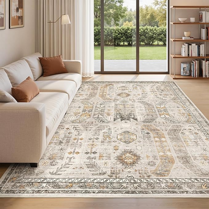 befbee 6x9 Area Rugs for Living Room - Stain Resistant Machine Washable Rugs for Bedroom,Non-Slip Backing Large Area Rug (Brown/Gold, 6'x9')