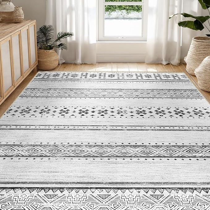 BESTSWEETIE 9x12 Area Rugs for Living Room Washable Moroccan Farmhouse Neutral Geometric Low Pile Non-Slip Soft Print Pattern Rug for Bedroom Kitchen Dining Room Entryway Grey/Black/Navy