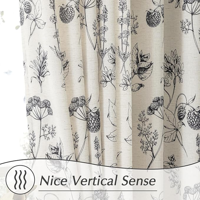 FMFUNCTEX Linen Curtains Floral Patterned Curtain for Bedroom Living Room, Black Curtains 63 Inch Length Farmhouse, Light Filtering Beige Window Curtain Grommet Top 2 Panels Set