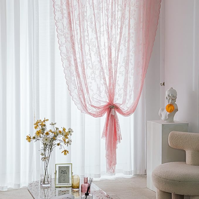 Sutuo Home Pink Lace Curtains 96 Inches Long 2 Panels Set, Blush Sheer Florals Vintage Voile Window Panel Treatment Pair for Girls Bedroom/Living Room/Kitchen, Decor Rod Pocket W57 x L96