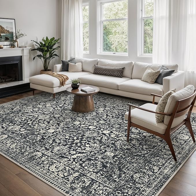 Bavni 8x10 Area Rugs for Living Room, Machine Washable Rug Lightweight Low Pile, Non Slip Boho Rugs with Rubber Backing, Floral Print Carpet for Bedroom Dinning Room, Black Floral