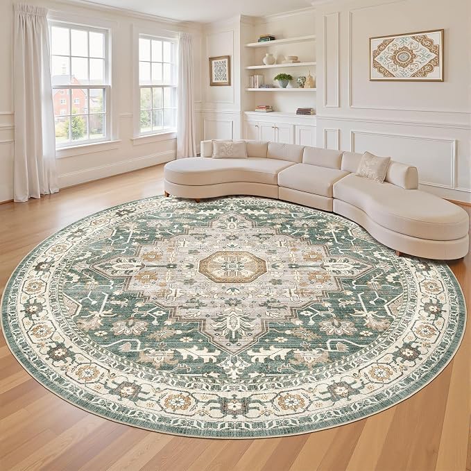 10ft Round Rug Living Room Rugs: 10x10 Washable Boho Neutral Large Circle Soft Indoor Distressed Stain Resistant Floor Farmhouse Carpet for Bedroom Nursery Kids Playroom Office Dining Room Dorm- Green