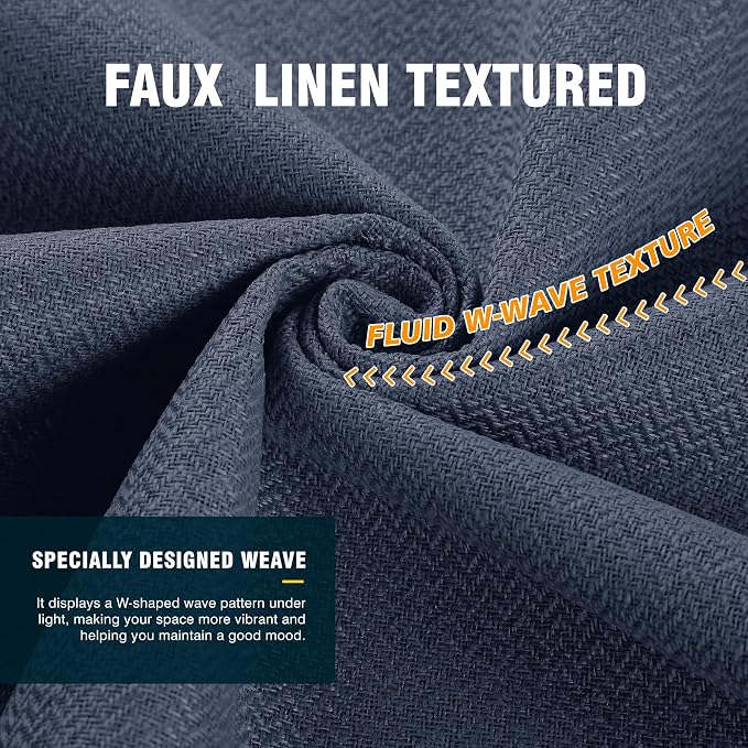 2 Panels 100% Blackout Linen-Textured Curtains, Thick Thermal Insulated Grommet Drapes with Subtle Herringbone Weave, Luxury Decor for Bedroom/Living Room, 54 x 54 Inches, Navy