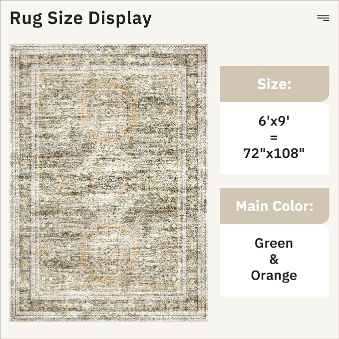 Soalmost 6x9 Area Rug for Living Room Washable 6x9 Non-Slip Modern Rugs for Bedroom Dinning Room Ultra-Thin Indoor Green Orange