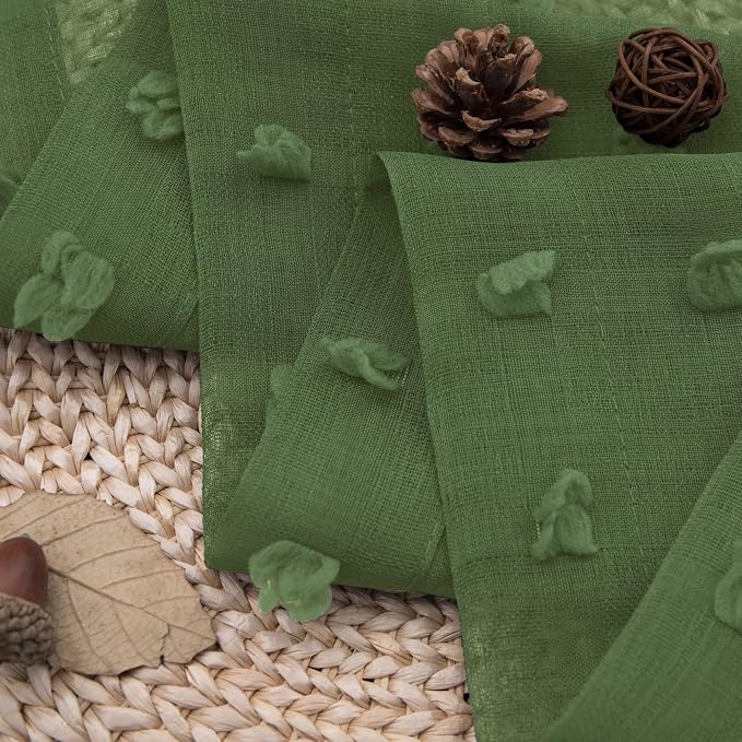 Olive Green Sheer Curtains 63 Inch Length for Bedroom Living Room Cute Pom Pom Patterned Modern Christmas Window Decor Country Rustic Farmhouse Boho See Through Sheer Curtain Back Tab 2 Panels 52x63