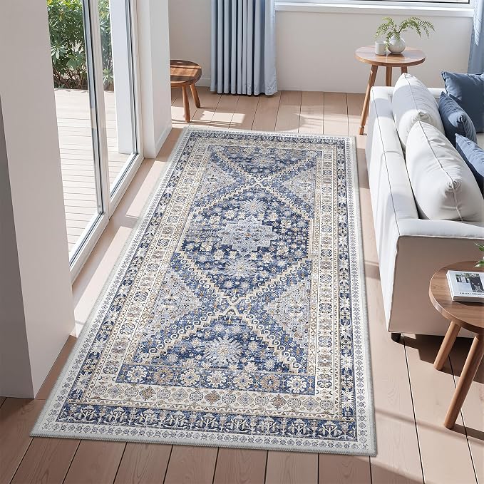 zesthome 3x6 Runner Rug Non Slip, Thin Entryway Washable Rug for Entryway, Runners for Hallways, Low Pile Vintage Abstract Soft Rugs for Living Room, Kitchen, Bedroom(Blue/Beige,3'x6')