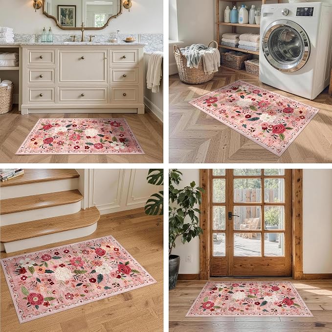 2x3 Washable Area Rug for Entryway Vintage Boho Floral Rug Non-Slip Low Pile Soft Faux Wool Small Carpet Kids and Pets Friendly for Bathroom Bedroom Kitchen Hallway Bedside Home Decor Rug Dark Pink