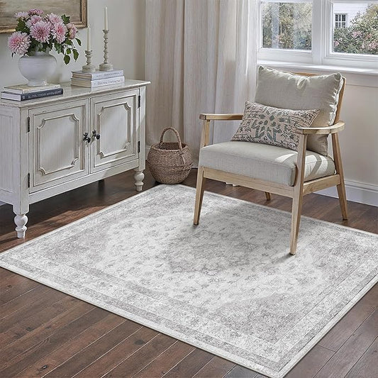 PureCozy Gray Area Rug 3x4 Washable Vintage Carpet Entryway Office Soft Retro Kitchen Low Pile Thin Door Mat Non Slip Grey Oriental Medallion Throw Small Rug for Bathroom Bedroom Dining Living Room