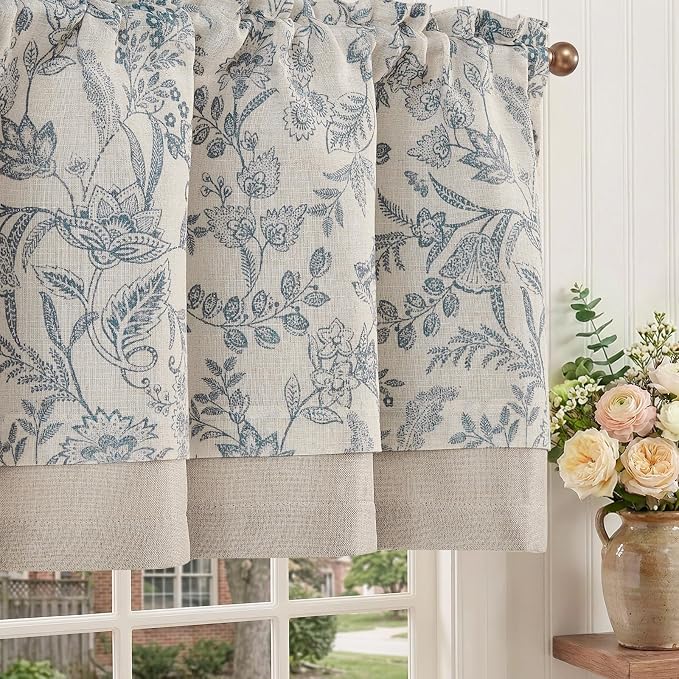 jinchan Linen Valance Curtain Farmhouse Floral Printed Small Window Curtain for Kitchen Rustic Country Light Filtering Valance for Living Room Bedroom Bathroom 18 Inch Rod Pocket 1 Panel Blue on Beige