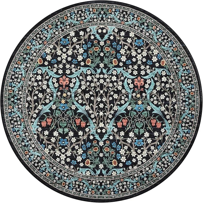 GarveeHome Black Floral 6 ft Round Rug Washable Non-Slip Soft Low Pile Circle Carpet Vintage Rugs for Kitchen Bedroom Nursery Dining Living Room