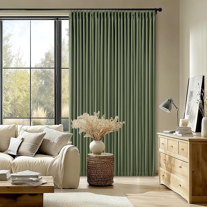 102 Inch Linen Pleated Black Out Curtains 2 Panels Set for Bedroom Living Room Darkening 100% Blackout Memory Trained Farmhouse Rustic Farmhouse Pinch Pleat Window Curtain Olive Green 102 Inch Length
