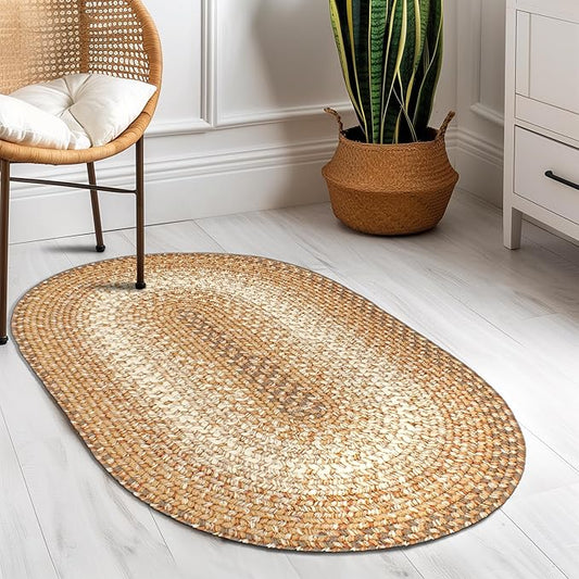 Super Area Rugs Braided Rugs 2X3 Farmhouse Kitchen Rug - Ridgewood Braided Rug for Living Room - Reversible - Indoor/Outdoor - Made in USA - Taupetone/Beige, 2' X 3' Oval