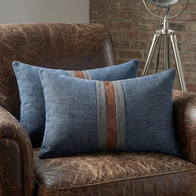Set of 2 Leather Throw Pillow Covers Cotton Linen Decor Patchwork Pillow Cover Faux Leather Pillows Cover for Couch Sofa Living Room Bedroom,Navy Blue 18"x18"