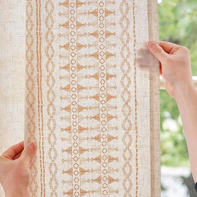 jinchan Boho Curtains Embroidered Linen Blend Window Curtains for Bedroom, Drapes 84 Inch Length 2 Panels Set, Geometry Grommet Bohemian Window Treatments Set for Living Room Gold on Beige