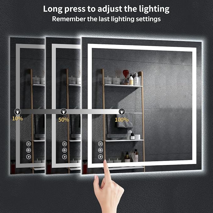 40"x40" LED Bathroom Mirror with Lights, Backlit + Front Lit with CRI>90, Lighted Mirror for Bathroom, Anti-Fog, Dimmable Brightness, 3 Colors, Memory Function, Shatterproof Tempered Glass