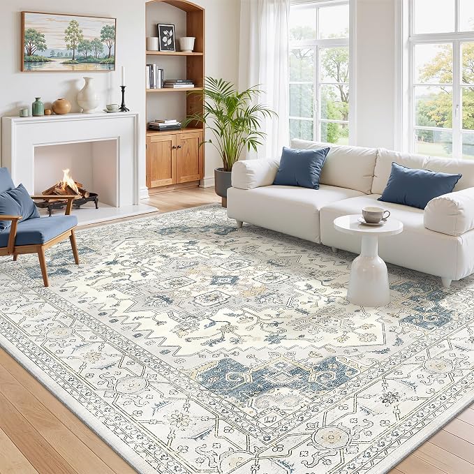 befbee Washable Rugs 5x8 - Stain Resistant 5x8 Area Rugs for Living Room, Non Slip Backing Vintage Rugs for Bedroom, Folable Machine Washable Area Rug (5'x8', BeigeBlue)