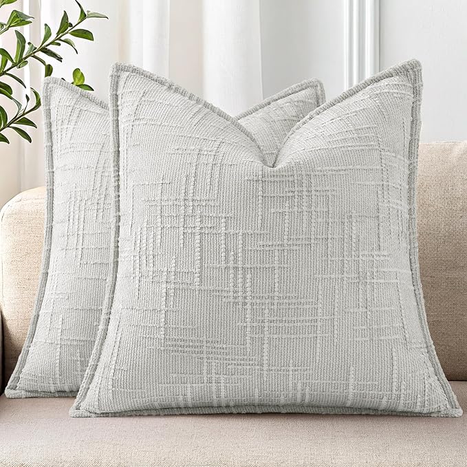 decorUhome Chenille Throw Pillow Covers 18x18 Set of 2, Soft Textured Slubby Modern Decorative Pillow Covers with Elegant Design for Couch, Sofa, Living Room, Light Grey