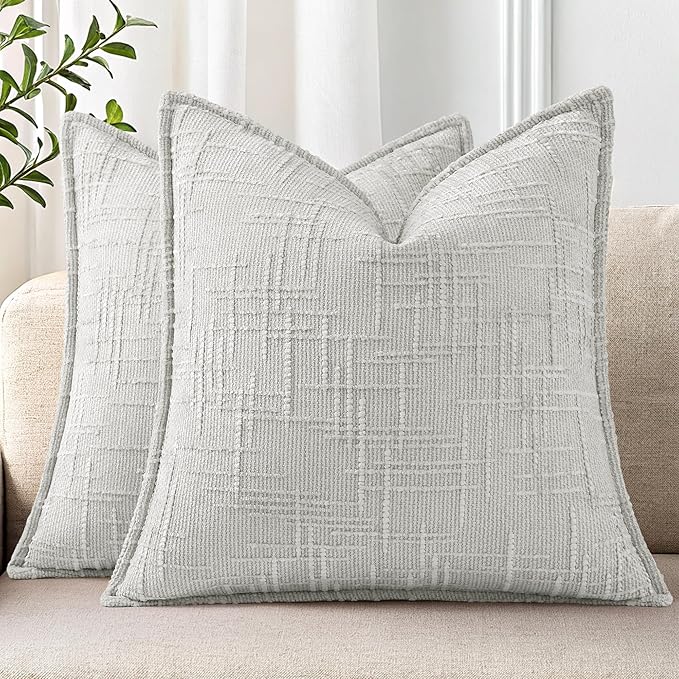 decorUhome Chenille Throw Pillow Covers 22x22 Set of 2, Thick Textured Slubby Neutral Decorative Pillow Covers with Elegant Design for Couch, Sofa, Living Room, Light Grey