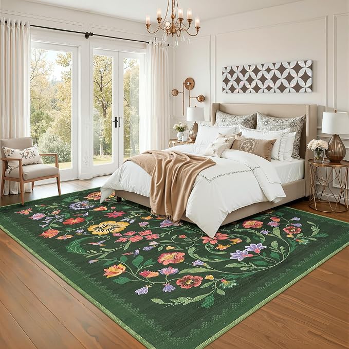 Washable Rug 5x7 Area Rugs for Living Room, Protea Floral Rug for Bedroom, Soft Boho Non Slip Throw Rugs with Rubber Back, Low Pile Stain Resistant Vintage Floral Carpet for Dining Room, Forest Green