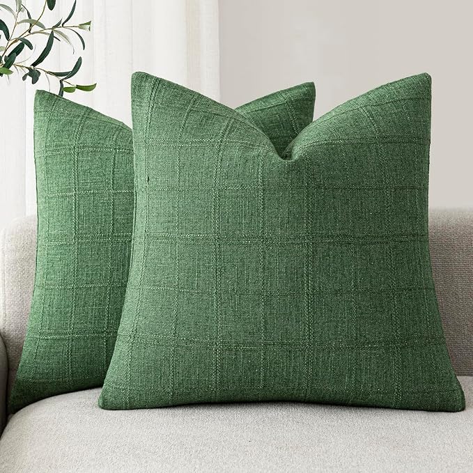 Foindtower Set of 2 Decorative Linen Check Throw Pillow Covers Neutral Farmhouse Vintage Cushion Covers Modern Boho Accent Home Decor for Sofa Chair Couch Bedroom Living Room,16×16 Inch,Forest Green