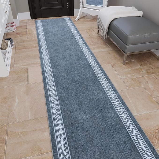 Ottomanson Aisle Runner Rug 2'7" x 26' – Soft Non-Slip Rug, Low Pile Carpet for Hallways, Events, Churches & Extra-Long Indoor Spaces, Greek Border Greyish Blue