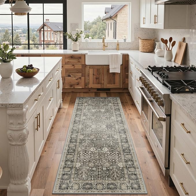 Bavni 2X6 Rug Runners for Hallways, Washable Runner Rug Non Slip, Vintage Floral Print Style Rugs for Bedroom-Lightweight Low Pile Carpet for Kitchen Bathroom,Beige/Brown