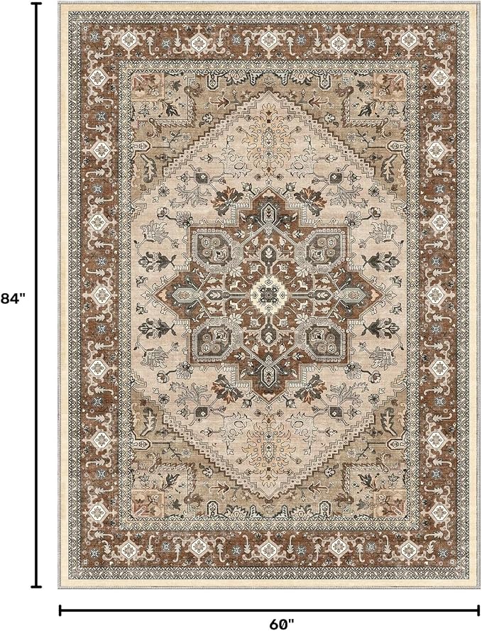 OPPODREAM Soft Area Rugs 5x7, 5x7 Washable Rug with Non Slip Backing, 5 x 7 Faux Cashmere Low-Pile Carpet, Brown