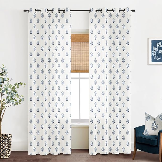 Blue and White Floral Curtains,Boho Pattern Navy Block Print Mughal Design Sheer Linen Farmhouse Nautical Curtains for Living Room Bedroom 84 Inch Length