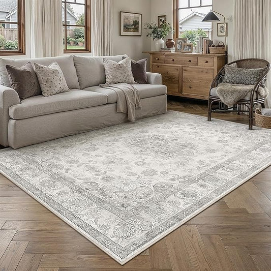 PureCozy Gray Area Rug 5x7 Washable Vintage Living Room Office Carpet Non Slip Soft Low Pile Distressed Medallion Indoor Floor Grey Retro Throw Rug for Kitchen Bedroom Dining Room