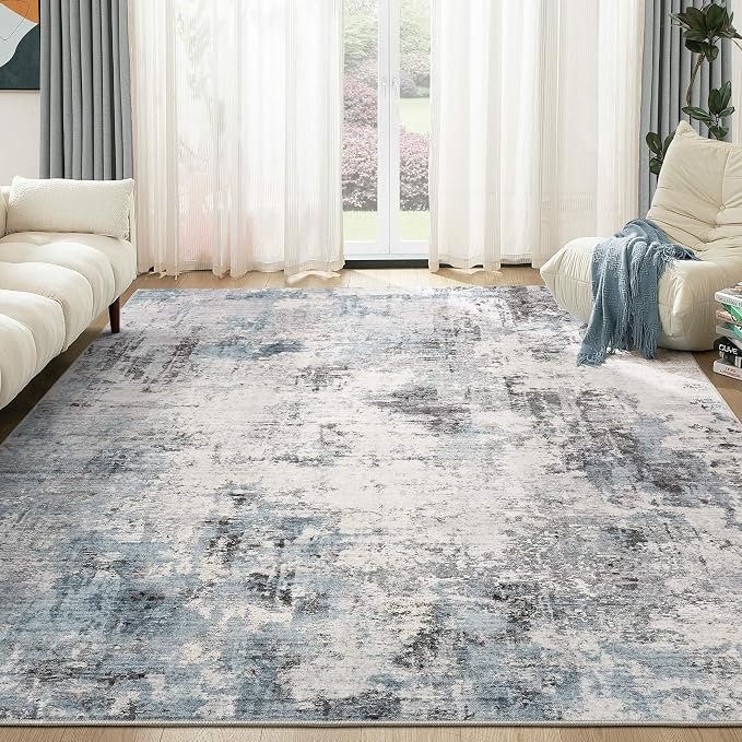 Abstract 8x11 Area Rug: Machine Washable Non Slip Ultra Thin Low-Pile Carpet, Soft Stain Resistant for Living Dining Room Bedroom, Kid Pet Friendly, Robot Vacuum Compatible - Grey Blue
