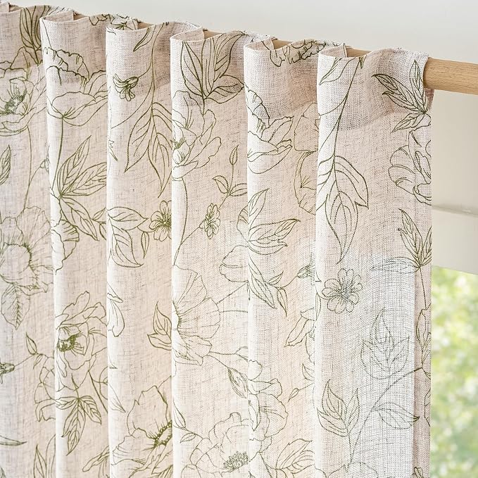 jinchan Floral Linen Curtains for Living Room 84 Inch Length Green Flower Curtain Rod Pocket Back Tab Farmhouse Curtains with Printed Floral Bedroom Window Curtain Set, 2 Panels Green