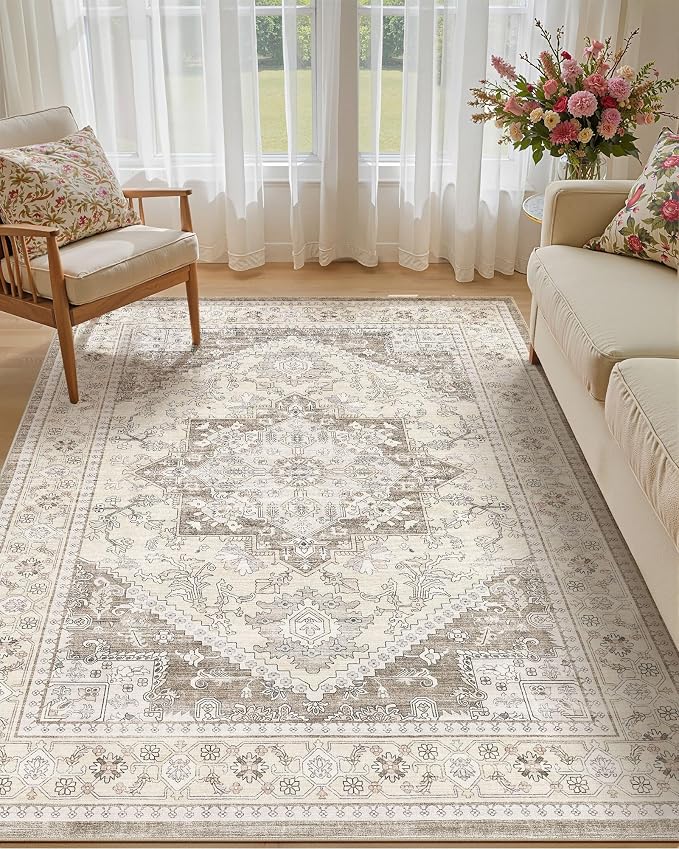 5x8 Vintage Area Rug: Washable Neutral Soft Non Slip Thin Large Floor Carpet for Living Room Bedroom Kitchen Dining Room Home Office Farmhouse Indoor - Brown