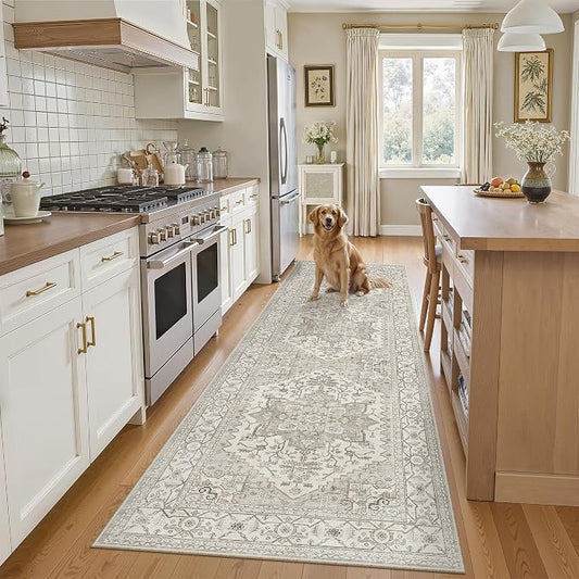 Madane Kitchen Runner 2'6''x8' Soft Rug Runners for Hallways, Beige/Brown | Vintage Machine Washable Rugs 2.5x8 Ft, Non-Slip Low Pile Stain-Resistant 8ft Floor Carpet for Laundry Room, Corridor