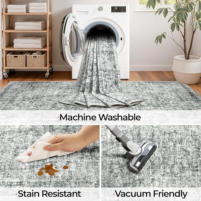 CAPALOCA Machine Washable Rugs Nursery Rug Sq8ft Cute Girl Non Slip Low Pile Water Repellent Soft Print Pattern for Bedroom Indoor Decor Kids Playroom Grey