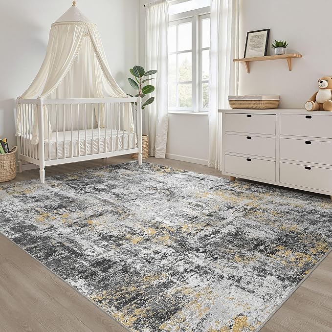 8x10 Area Rugs Living Room: Washable Large Neutral Rug Abstract Soft Modern Stain Resistant Indoor Floor Non-Slip Carpet for Bedroom Nursery Kids Office Playroom Dining Room Under Table- Black Gold