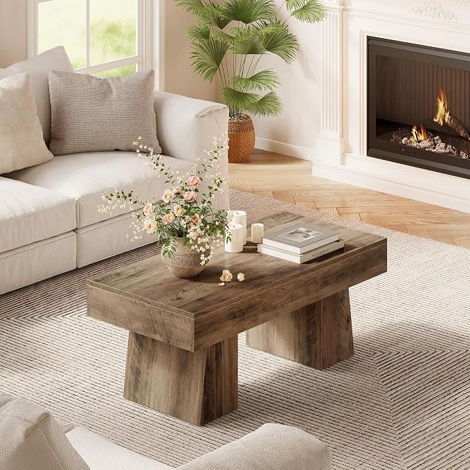 LITTLE TREE Farmhouse Coffee Table, 47 Inches Wooden Rectangular Accent Center Tables with Thick Base, Modern Low Cocktail Tea Furniture for Living Room (Rustic Brown)