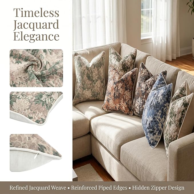 Vintage Floral Throw Pillow Covers 12x20 Inches Set of 2 Lumbar Farmhouse Pillow Cases Premium Chenille Textured Decorative Cushion Covers for Couch Retro Garden Farmhouse Style Coffee