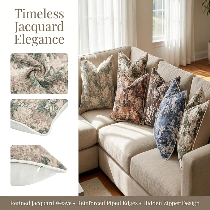 Vintage Floral Throw Pillow Covers 18x18 Inches Set of 2 Boho Farmhouse Pillow Cases Premium Chenille Textured Decorative Cushion Covers for Couch Retro Garden Farmhouse Style Brown