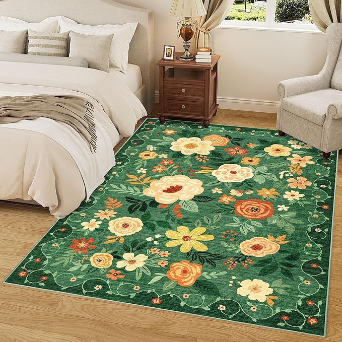 DUKINO 5x7 Area Rug, Floral Rugs for Living Room, Lightweight Non Slip Washable Rug, Indoor Low Pile & Non-Shedding Boho Design Rugs for Bedroom, Playroom, Dining Room, Dark Green