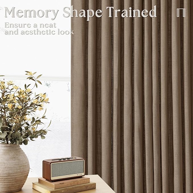 92 Inch Linen Curtains 2 Panels Set Pinch Pleated for Living Room Bedroom Memory Training Shaped Semi Sheer Dutch Cocoa Pinch Pleat Drapes Hooks Rings Light Filtering Window Curtain Drapes