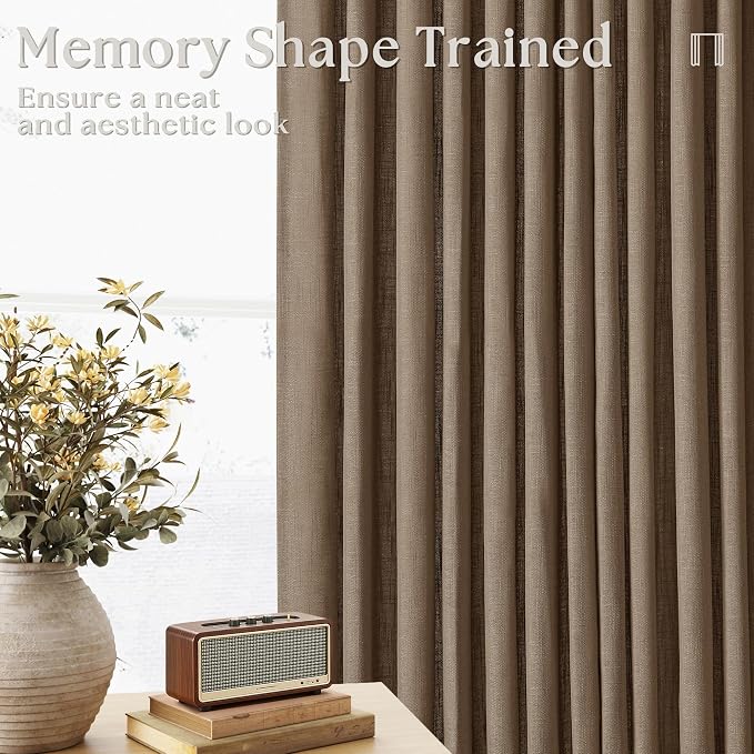 100 Inch Linen Curtains 2 Panels Set Pinch Pleated for Living Room Bedroom Memory Training Shaped Semi Sheer Dutch Cocoa Pinch Pleat Drapes Hooks Rings Light Filtering Window Curtain Drapes
