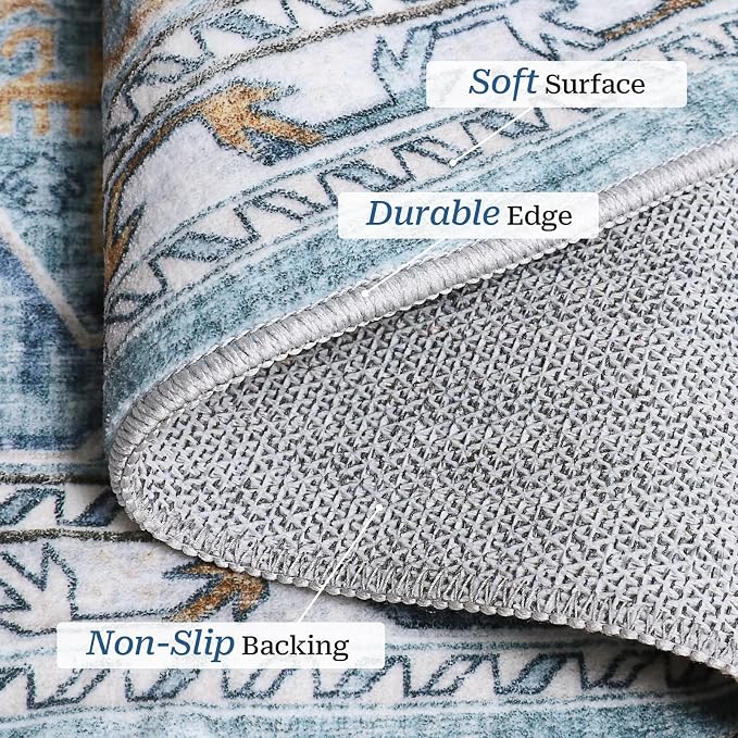 Madane Washable Runner Rugs 2x12 Long for Hallway Kitchen Soft, Blue/Gold | Non-Slip Vintage Printed 12ft Rug Runners with Rubber Backing, Low-Pile Floor Carpet Laundry Room Entryway, Corridor