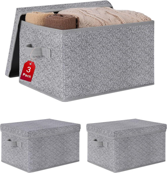 WUIKE Foldable Storage Bins with Lids, Storage Boxes with Handles, Closet Shelf Organizer, Fabric Storage Baskets for Bedroom, Decorative Storage Containers, Large, Ash Gray, 3-Pack