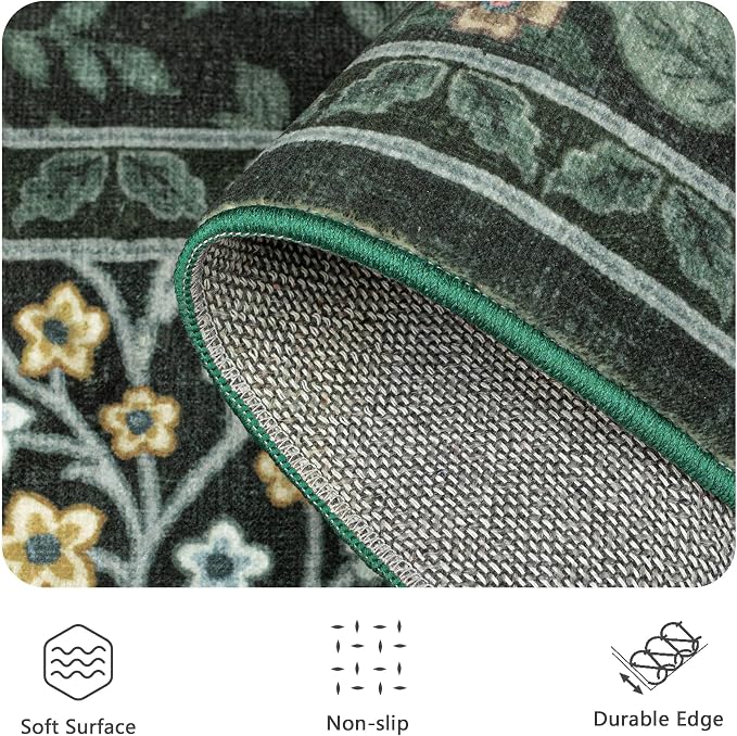 8x10 Area Rugs, Green Washable Low Pile Floral Rugs for Living Room, Bedroom, Large Boho Area Rug with Non-Slip Backing for Dining Room