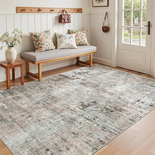 Soalmost 3x5 Rug, Abstract Small Area Rug for Kitchen, Entryway, Machine Washable Non-Slip Throw Rug, Vintage Carpet for Nursery Coffee Table Pink Grey