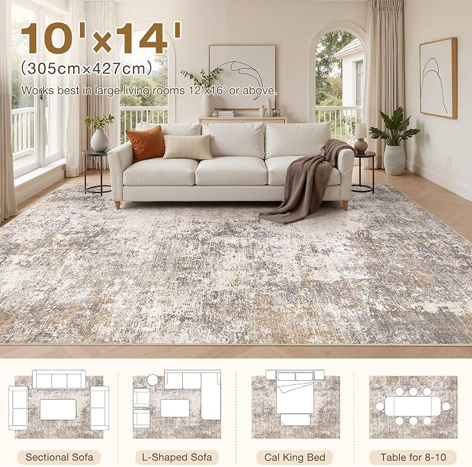 Area Rugs for Living Room: 10x14 Abstract Washable Rug Modern Neutral Large Soft Stain Resistant Non-Slip Backing Machine Table for Bedroom Dining Room Indoor Home Office Carpet - Brown Grey