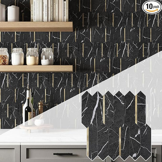 KASARO Peel and Stick Backsplash Long Hexagon Wall Tile, 10-Pieces PVC Self Adhesive Mosaic Tiles, Marble Black with Vintage Gold Stripes Decorative for Kitchen, Bathroom and Fireplace