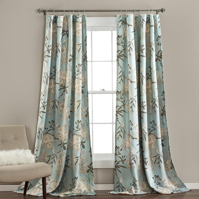Lush Decor Botanical Garden Curtains Floral Bird Print Light Filtering Window Panel Drapes Set for Living, Dining, Bedroom (Pair), Blue, 52"W x 95L"