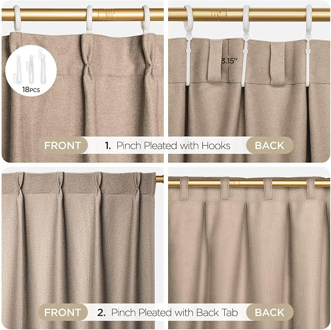 Joydeco Thick Linen Pinch Pleated Curtains 90 Inch Long 2 Panel Set for Living Room, Double-Faced Curtain for Bedroom, Back Tab Blackout Drapes with Adjustable Hooks (40”W x90”L, Thick Linen)